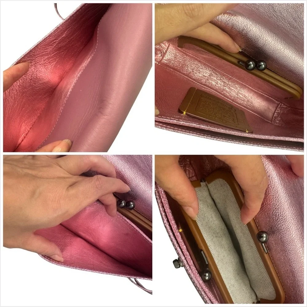 Coach Dinky 1941 Primrose Pink Interior Kisslock Leather Compact Crossbody